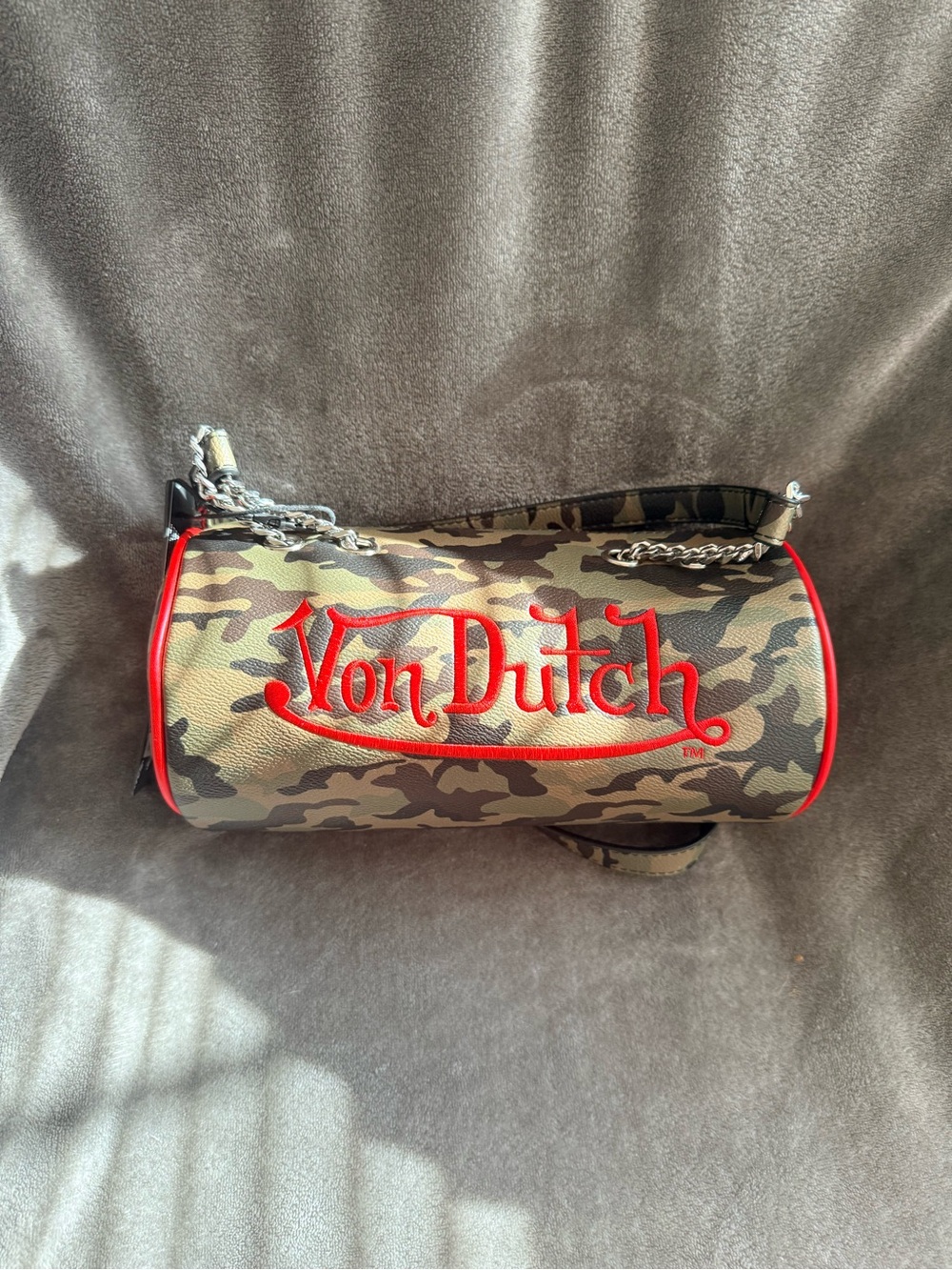 Von Dutch Camo Barrel Crossbody Bag with Red Trim
